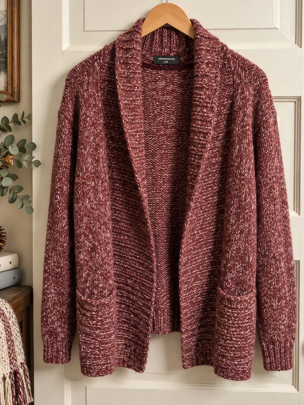 Denver Hayes Burgundy Marled Shawl Collar Cardigan Sweater L
